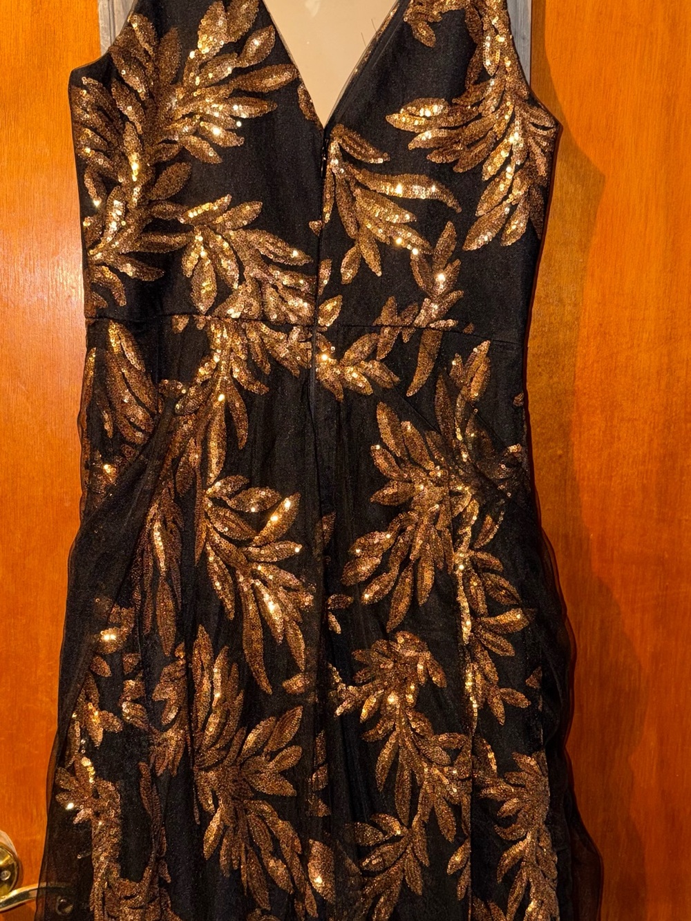 Dress the Population Black Dress with Gold Sequin Leaf Motif
